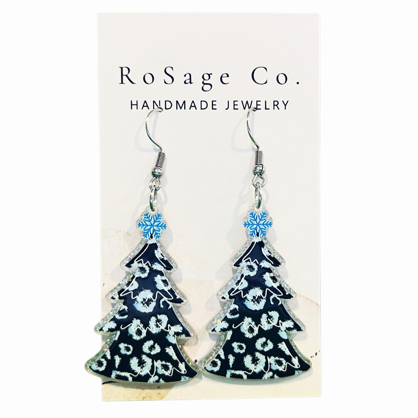 Blue Leopard Print Christmas Tree Earrings