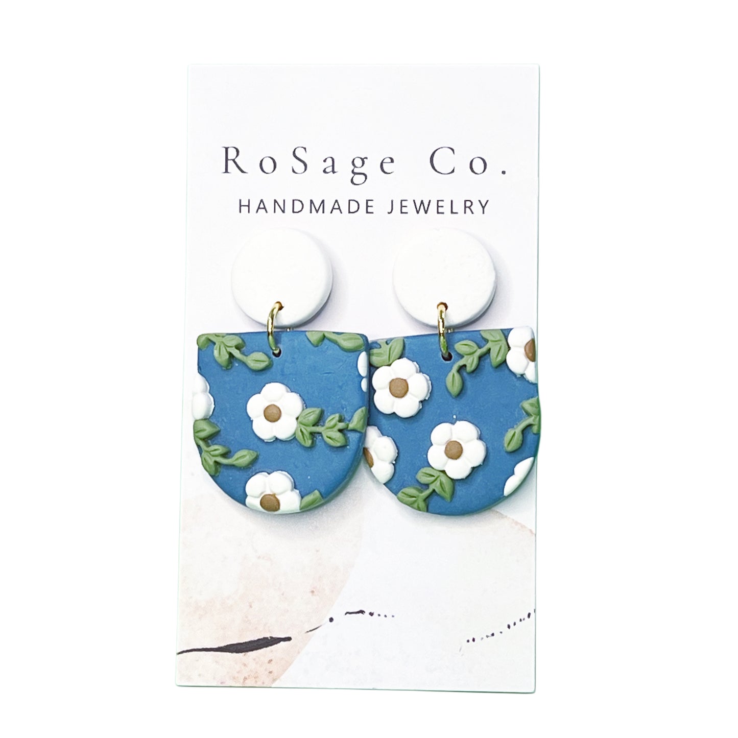 Deep Blue Clay Earrings with White Flowers