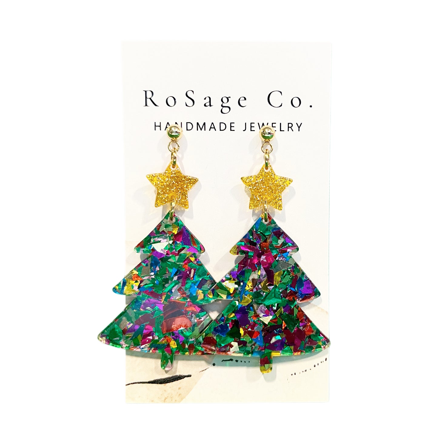 Resin Confetti and Gold Christmas Tree Earrings