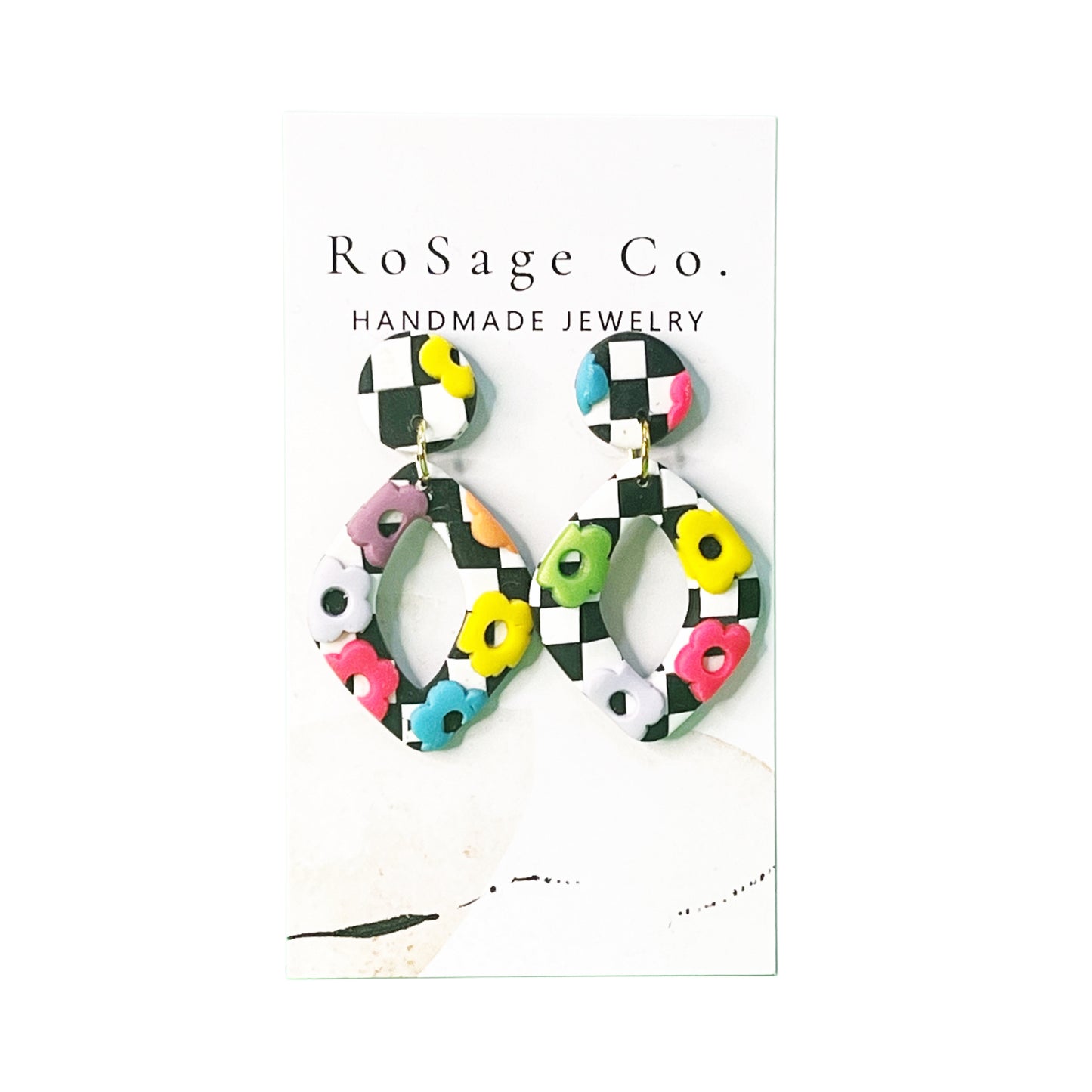 Black and White Checkered Clay Earrings with Flowers