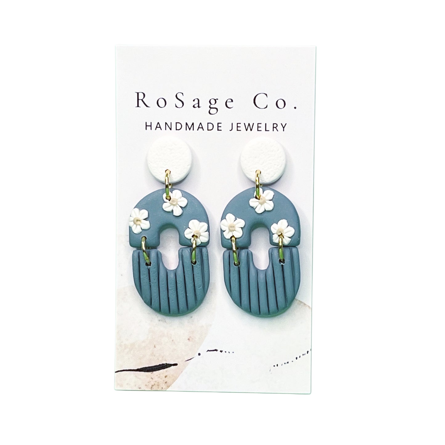 Deep Blue Two Piece Earrings with White Flowers