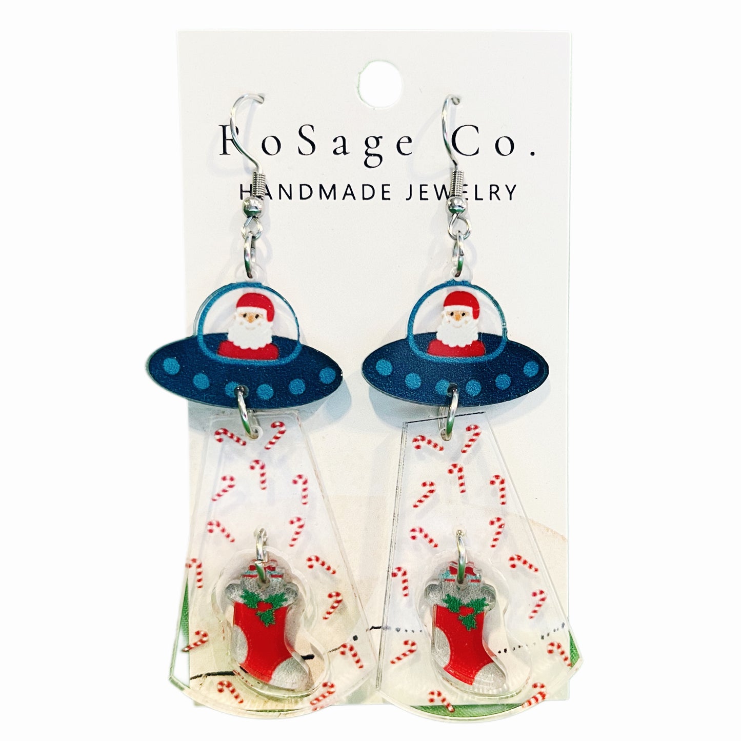 Santa Flying Spaceship Delivering Stocking Earrings