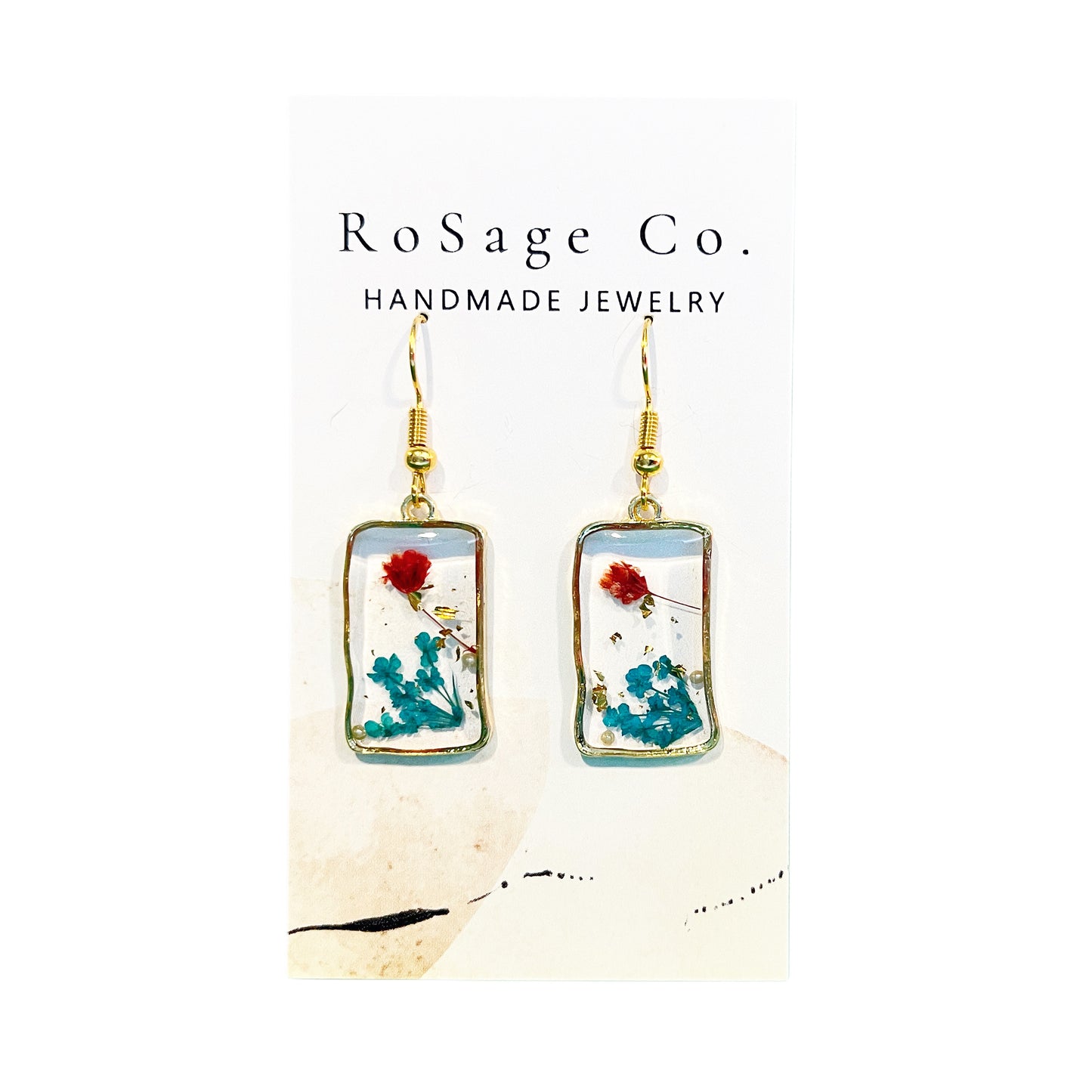 Rectangle Resin Red and Blue Flower Earrings