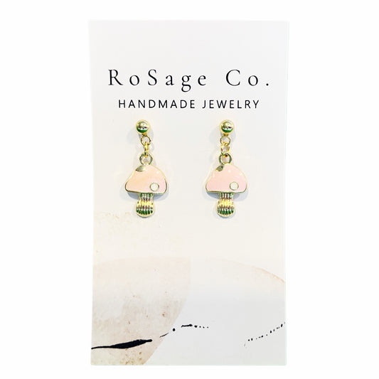 Small Pink and Gold Mushroom Earrings