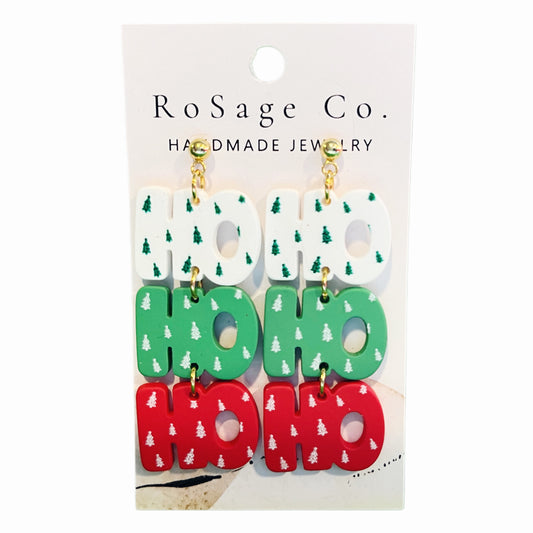 Clay Red, White, and Green "HO, HO, HO" Earrings