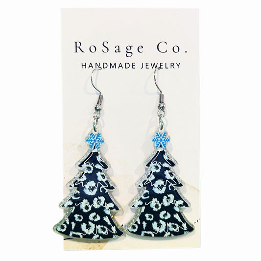 Blue Leopard Print Christmas Tree Earrings