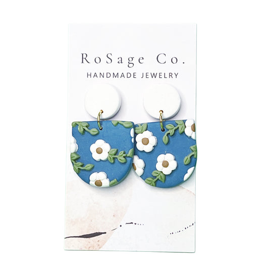 Deep Blue Clay Earrings with White Flowers