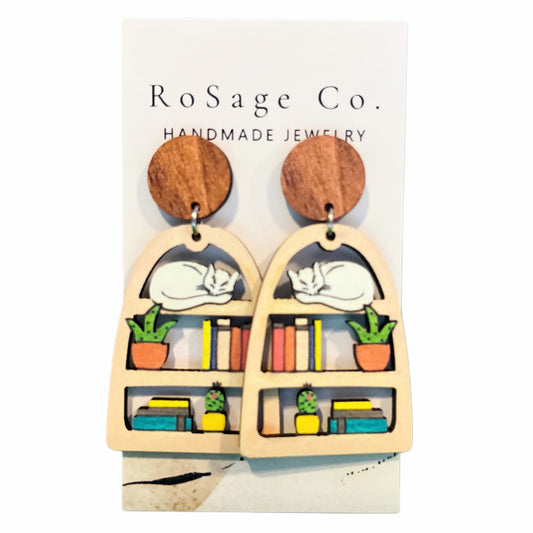 Sleeping Cat on Bookshelf Earrings