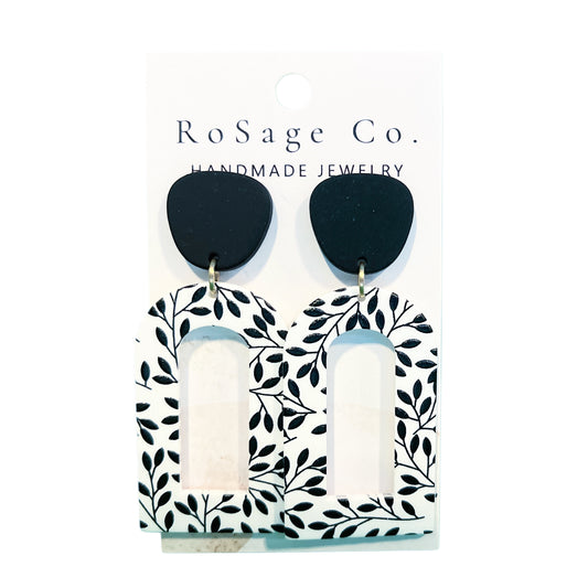 White and Black Clay Earrings with Leaf Pattern Earrings