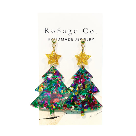 Resin Confetti and Gold Christmas Tree Earrings