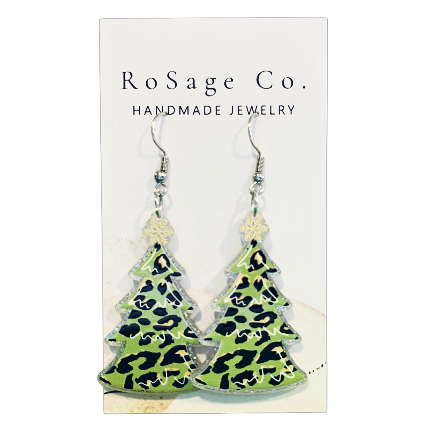 Green Leopard Print Christmas Tree Earrings