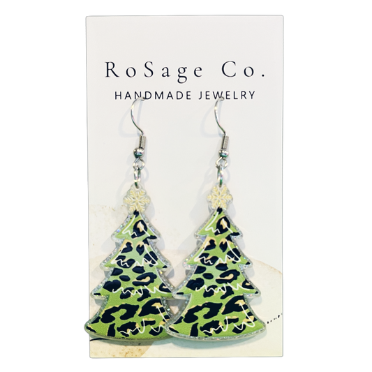 Green Leopard Print Christmas Tree Earrings