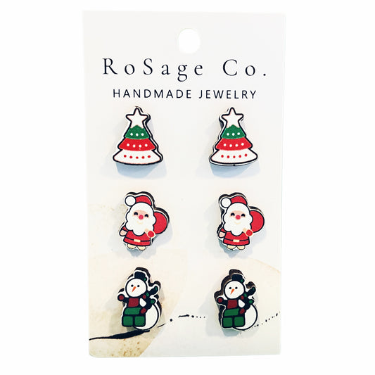 Christmas Tree, Santa, and Snowman Stud Earrings