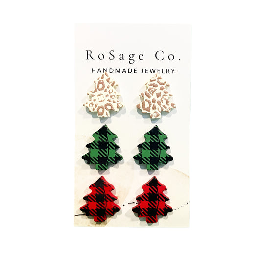 Plaid and Cheetah Patterned Clay Christmas Tree Stud Earrings