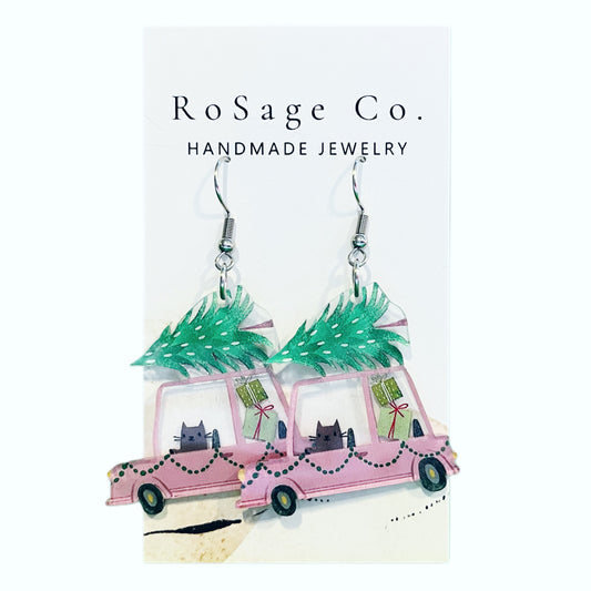 Cat Driving Christmas Tree Home Earrings