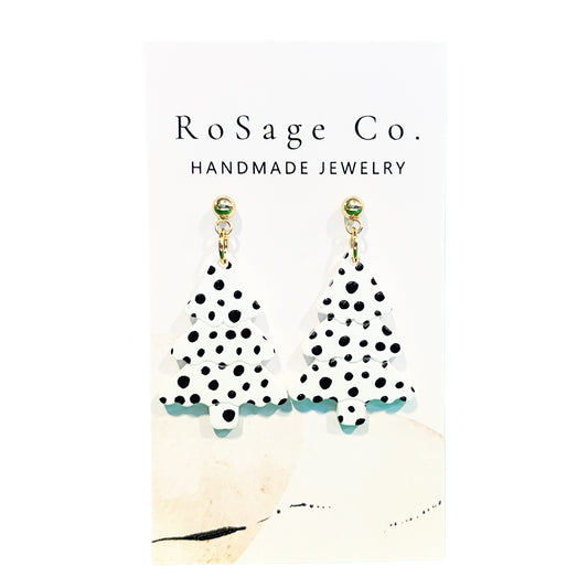 White Christmas Tree with Black Dots Earrings