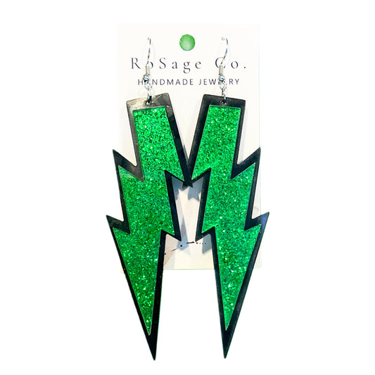 Large Green Sparkly Lightening Earrings