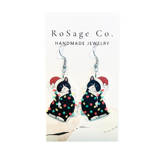 Christmas Cat Wrapped in Lights Earrings