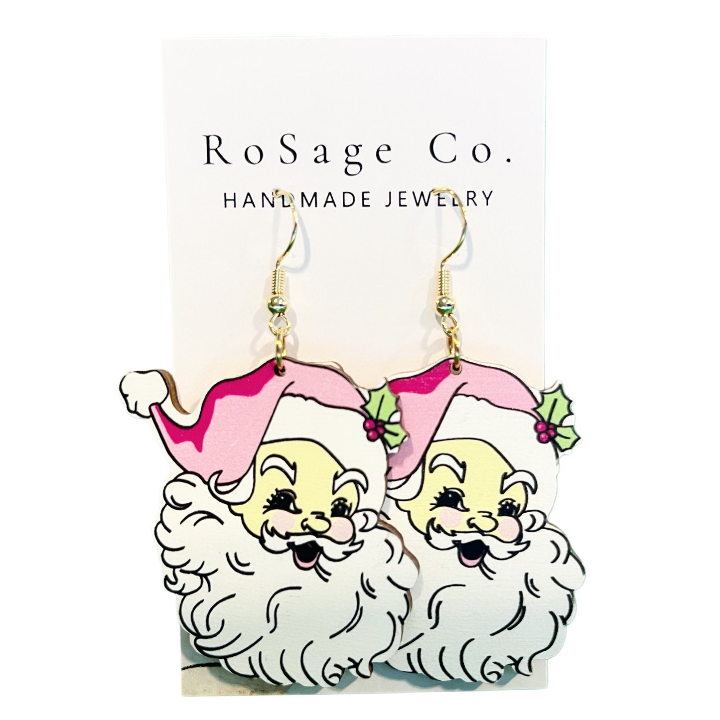 Wooden Pink Santa Earrings