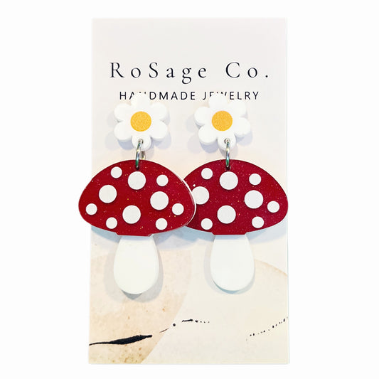 Large Red Acrylic Mushroom Earrings