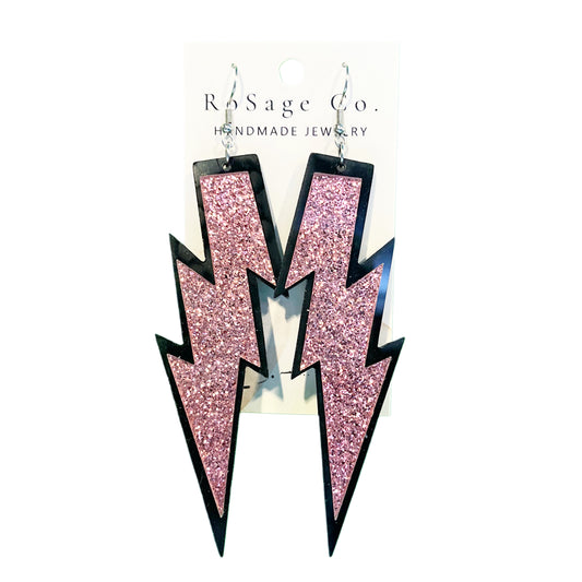 Large Pink Sparkly Lightening Bolt Earrings