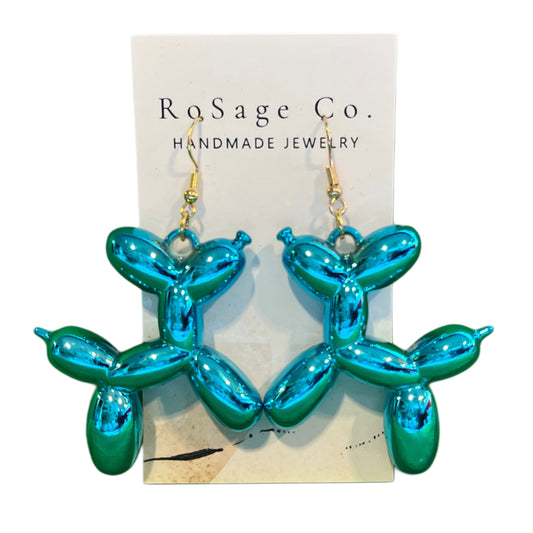 Large Blue Metallic Balloon Dog Earrings.