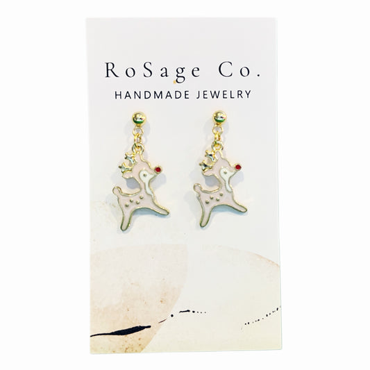 Small Pink Reindeer Christmas Earrings