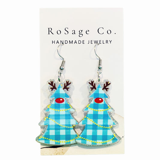 Blue Plaid Reindeer Christmas Tree Earrings