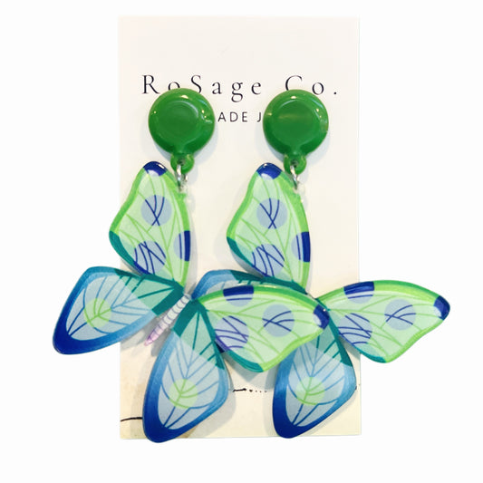 Large Blue and Green Butterfly Earrings