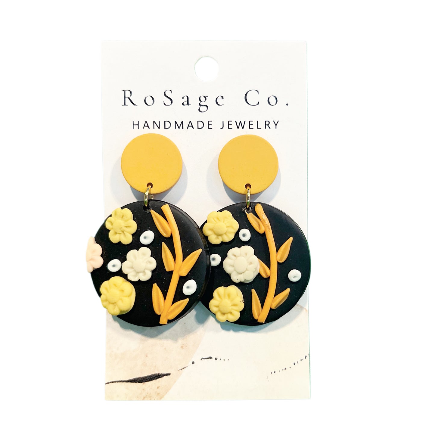 Black and Yellow Flower Clay Earrings