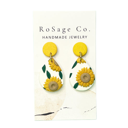 White Sunflower Teardrop Shaped Earrings