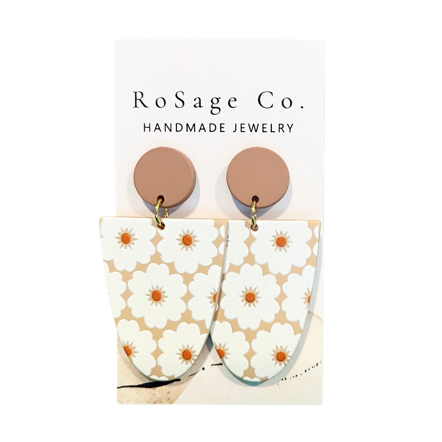 Brown Clay Earrings with White Flowers