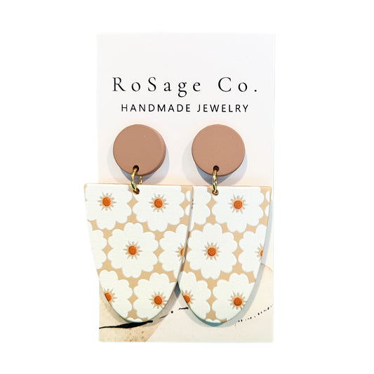 Brown Clay Earrings with White Flowers