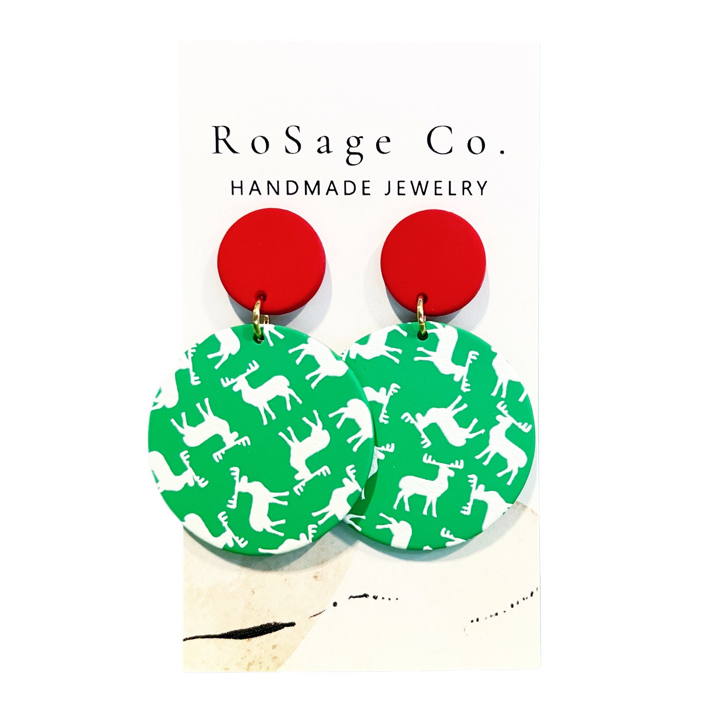 Green and Red Reindeer Clay Christmas Earrings