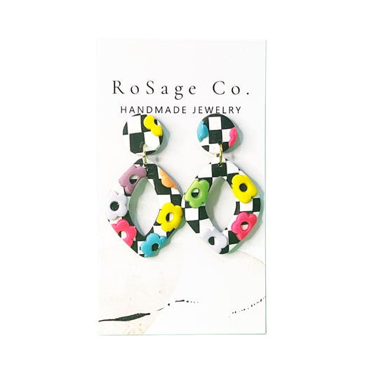 Black and White Checkered Clay Earrings with Flowers