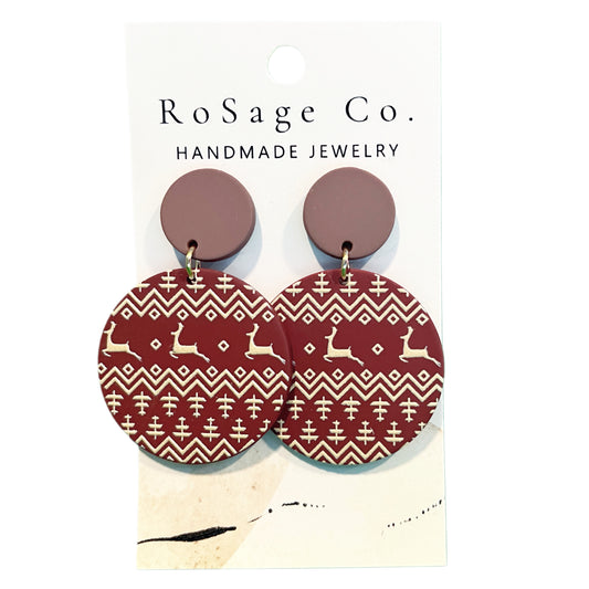 Dark Red Clay Christmas Earrings with Reindeer