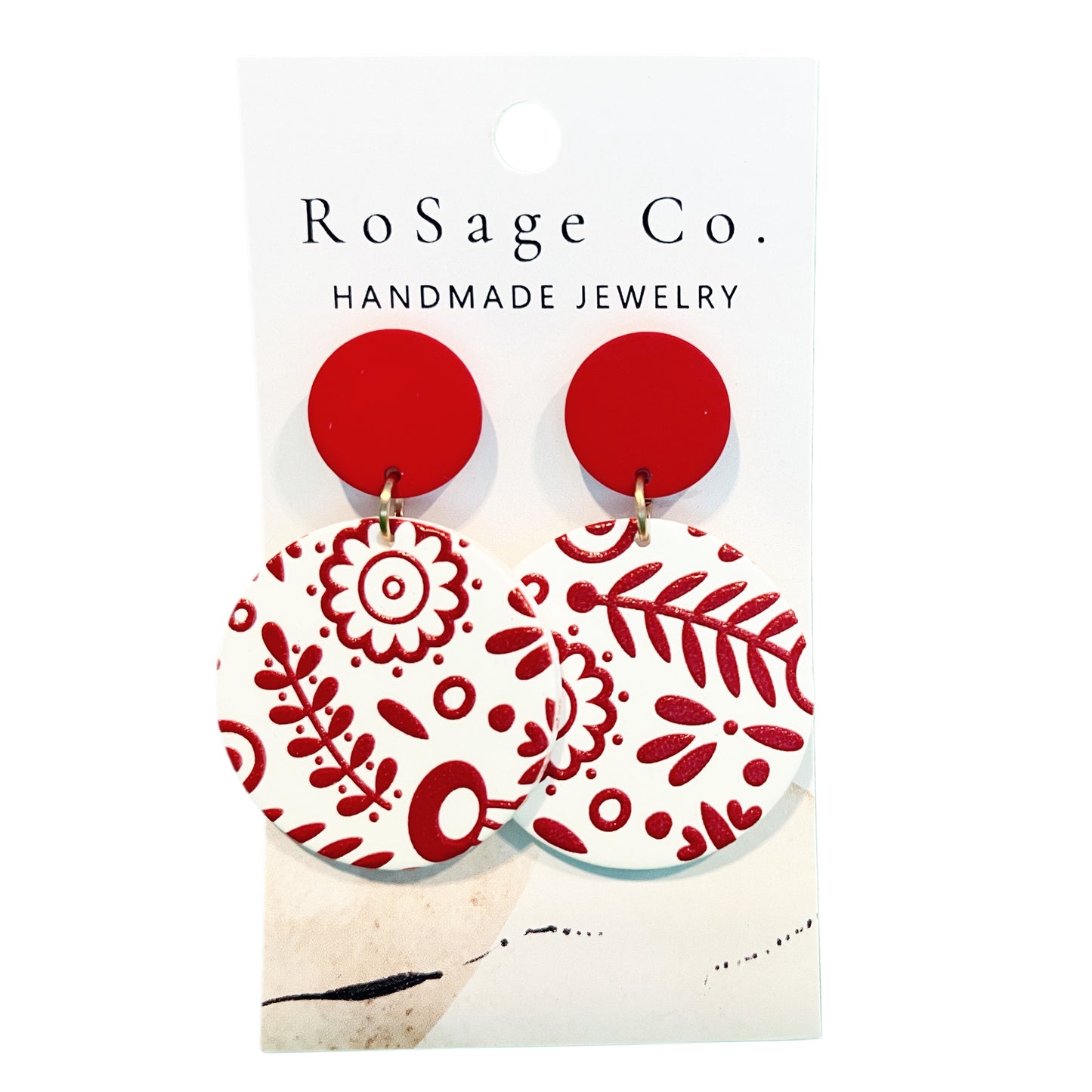 Clay White and Red Earrings with Flowers and Leaves