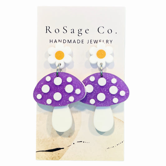 Large Purple Acrylic Mushroom Earrings