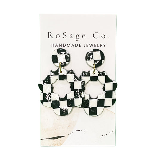 Black and White Checkered Clay Earrings