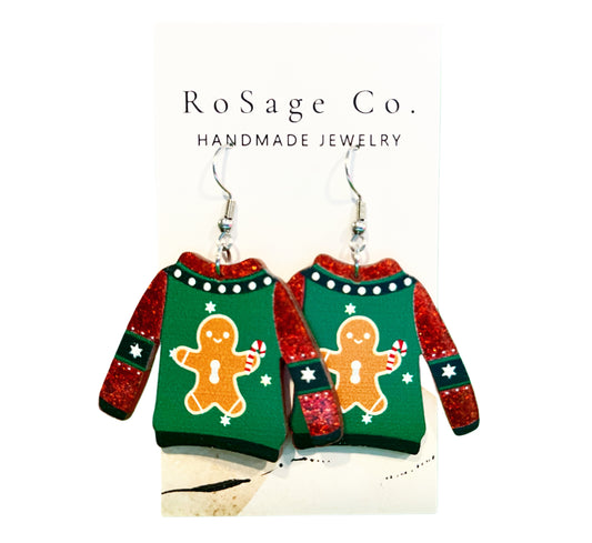 Gingerbread Man Christmas Sweater Earrings