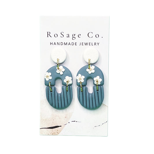 Deep Blue Two Piece Earrings with White Flowers