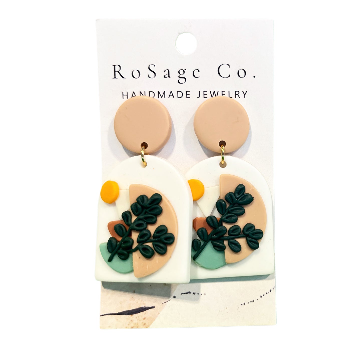 Clay Earrings with Geometric Shapes and Leaves