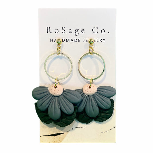 Dark Blue Clay Flower Earrings