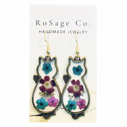 Blue and Purple Flowers Bronze Color Cat Earrings