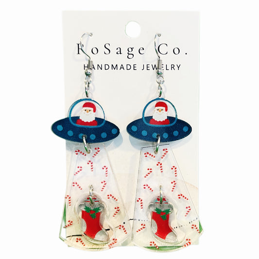 Santa Flying Spaceship Delivering Stocking Earrings