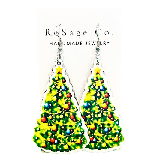 Large Wooden Christmas Tree Earrings