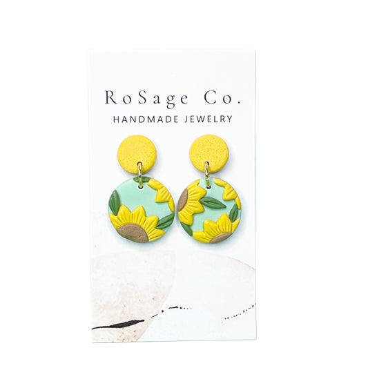 Mint Green Round Clay Earrings with Sunflowers