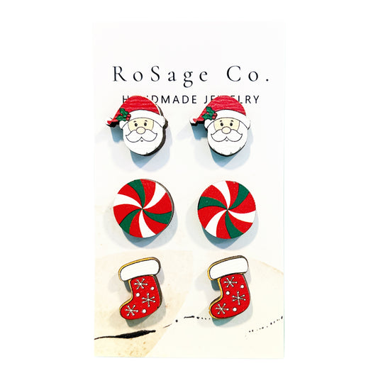 Santa, Peppermint, and Stocking Wooden Christmas Stud Earrings